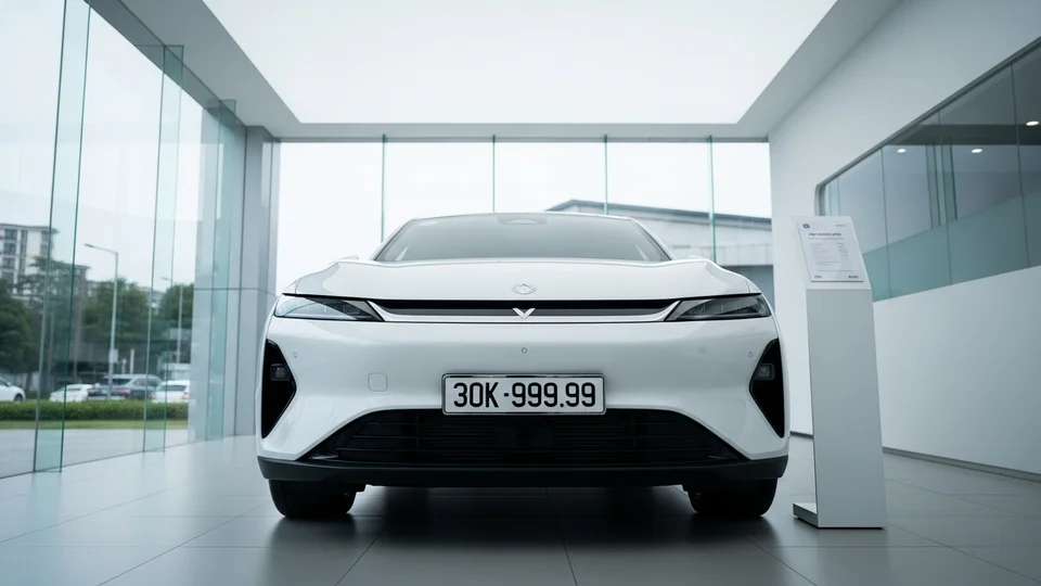 Một chiếc ô tô điện hiện đại với biển số đẹp đang trưng bày trong showroom sang trọng, thể hiện giá trị độc đáo của biển số định danh.